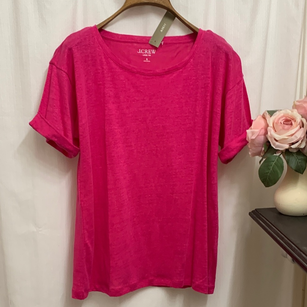 J.Crew Pink Linen Rolled Cuff Crewneck Short Sleeve Tee